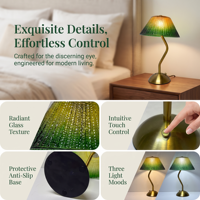 Lampe de table LED sans fil moderne avec abat-jour en verre dégradé ambre-vert, tige en laiton courbée, variateur de luminosité tactile continu, pour salle à manger et chevet, idéale pour mariage