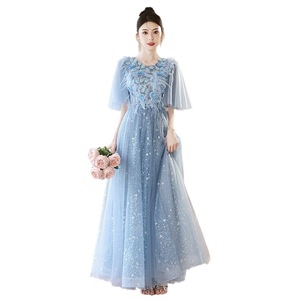 Blue Feather Evening Gown Scoop Neck Empire Waist 3D Floral Print For Coming Of Age Ceremony - Product Image 5