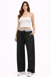 Pantaloni a Vita Alta a Gamba Larga in Tinta Unita, Lunghezza Intera, Vita Elastica, in Spandex e Poliestere, Abbigliamento Sportivo Casual da Donna - Product Image 4
