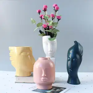 Abstract human face art ceramic vase arrangement with flower and wake flower design with Nordic style ceramic china vase