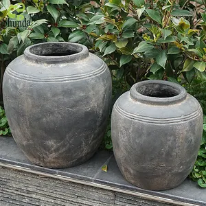 Individuelle vintage grobe strukturierte runde töpferwaren-blumenarrangement-vasen topf innenausstattung große rustikale terracotta-vase für wohnzimmer