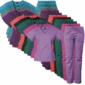 Venta al por mayor de moda uniforme del Hospital diseños personalizados mujeres larga Spandex Hospital Scrubs