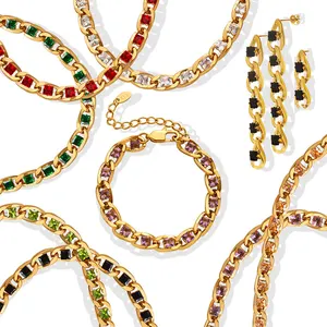 Красочные высококачественные циркониевые серьги из нержавеющей стали с позолотой, кубинский браслет-цепочка, ювелирные изделия для женщин и девушек, подарки