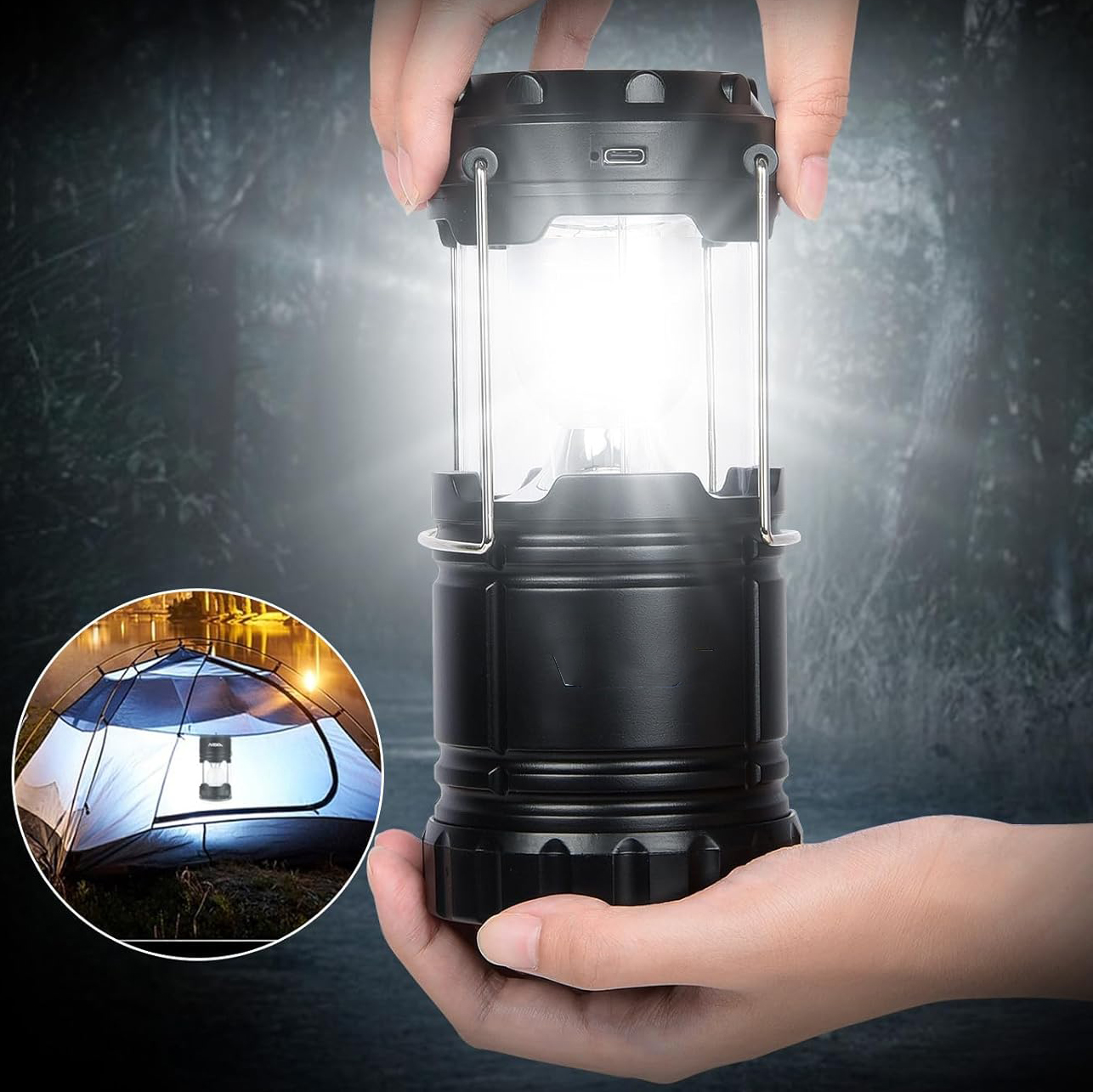 Solar Camping Lantern Rechargeable LED Lights With Magnetic Base Foldable Hanging Hook Collapsible Lamp Battery Powered