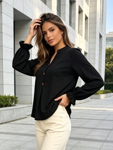 Chemisier personnalisé pour femme, col en V, manches ballon, boutons sur le devant, coupe ample, élégant, pour le bureau, les sorties, les fêtes, les rendez-vous - Product Image 2