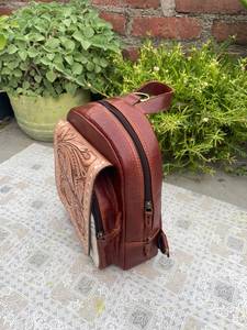 Handmade Genuine Leather & Cowhide Hair-on Mini <b>Backpack</b> with Hand-Tooled Floral Flap - Product Image 1