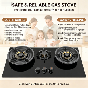Table <span class=keywords><strong>de</strong></span> cuisson à <span class=keywords><strong>gaz</strong></span> robuste 3 zones en verre trempé avec brûleurs entièrement en cuivre et protection anti-extinction <span class=keywords><strong>de</strong></span> flamme pour cuisine - Product Image 5