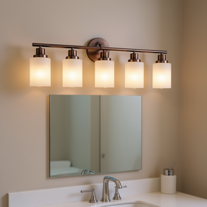 Applique murale moderne à 5 lumières pour salle de bain, 31 pouces, finition cuivrée en fer, verre dépoli, éclairage LED blanc chaud - Product Image 2