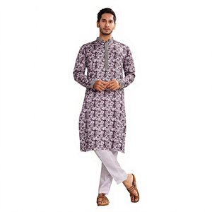 India Pakistan Style <b>Kurta</b> <b>Men's</b> Gray Printed Cotton <b>Kurta</b> Casual Wear Cotton <b>Kurta</b> for <b>Mens</b> Wedding Party Wear - Product Image 1