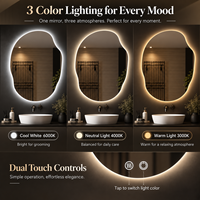 Miroir de vanité sans cadre irrégulier avec rétroéclairage LED chaud, naturel et froid, chauffage anti-buée et verre argenté HD