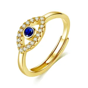 Gold Plate Fine Jewelry 925 Sterling Silver Gold Plated Devil's Eye Evil Blue Eye Ring With Cubic Zirconia