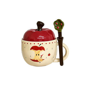 Mug en céramique mignon avec couvercle et cuillère, motif pomme de dessin animé, pour le bureau ou la maison - Product Image 5
