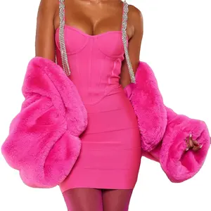 Custom Autumn Winter Faux Fur Ladies Fur Jacket Open Front Cardigan Girls Hot Pink Bell Sleeves Fully Lined Warm Women Coat