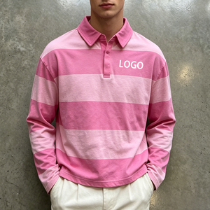 Polo Rugby in Maglia a Righe Color Block da <span class=keywords><strong>Uomo</strong></span> in <span class=keywords><strong>Cotone</strong></span> con Logo Personalizzato, Maglietta Casual a <span class=keywords><strong>Maniche</strong></span> Lunghe Cropped Vestibilità Ampia - Product Image 1