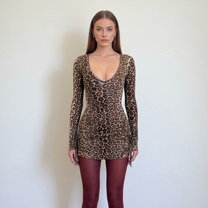 สไตล์ไนท์คลับเซ็กซี่ลายเสือดาว U คอสลิมฟิตแขนยาวชุดสาวฮอตปาร์ตี้คาร์นิวัลมินิเดรสอเนกประสงค์ - Product Image 1