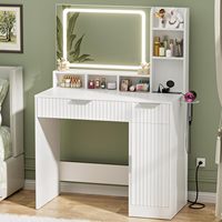 Miroir de maquillage LED cannelé avec éclairage intégré, meuble de maquillage en bois avec multiprises, coiffeuse moderne avec rangement pour salle de bain