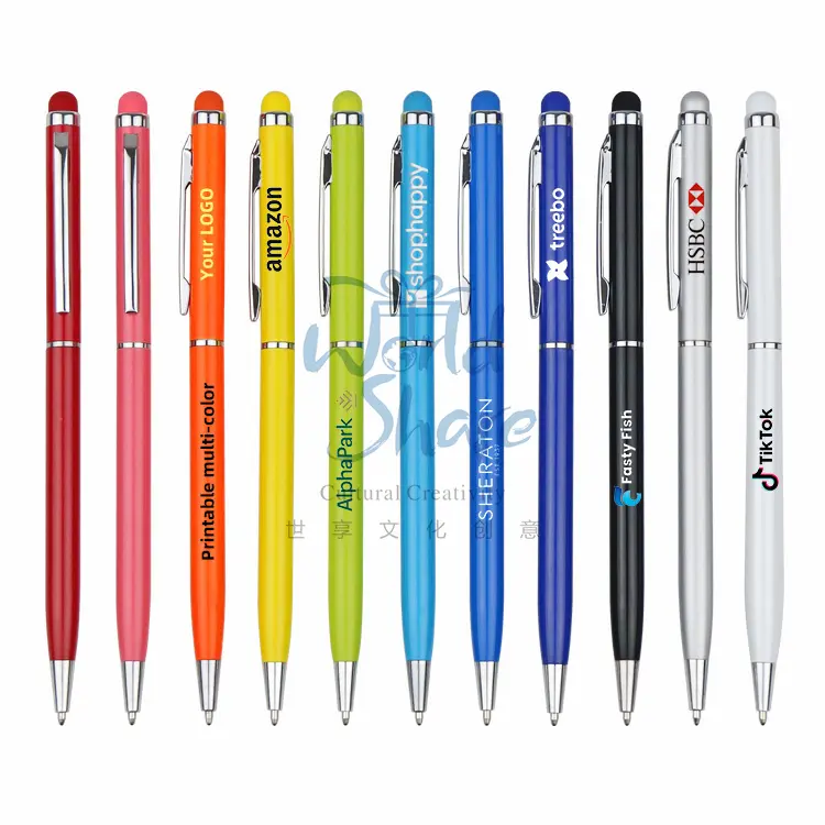 World Share 2 en 1 Stylo promotionnel personnalisé en métal Stylo à bille à écran tactile avec logo personnalisé