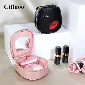 Factory Custom Logo Design Bark Grain Leather Small Portable Lipstick Storage With Mirror Makeup Bag