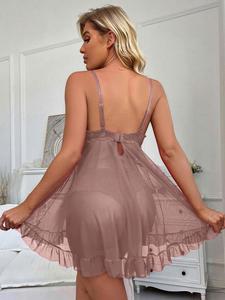 Ensemble 2 pièces en dentelle tricotée effet soie, manches courtes, pour femme, tenue d'intérieur exquise, nouvelle collection verte, transparente, fendue sur le devant, pour la nuit - Product Image 3