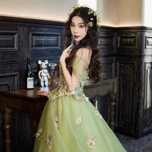 Flower Fairy Evening Gown Green Off-Shoulder Tulle Dress Empire Waistline Coming Of Age Ceremony Princess Style - Product Image 4