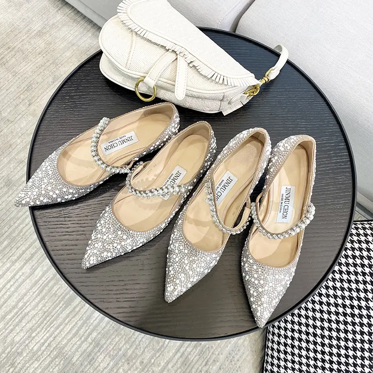 Brands Original Jeweled Pearl Party Diamond Fashion Wedding Bridal Luxury Chunky Clear Flat Heel Pumps Ladies Women Flat Shoes