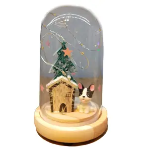 Cloche lumineuse LED de noël avec base en bois, pot en verre vente en gros, pour décoration de maison,