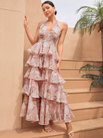 Robe florale en mousseline de soie à col en V et dos nu, imprimée numériquement en aquarelle, haut de gamme, pour dîners, mariages et soirées