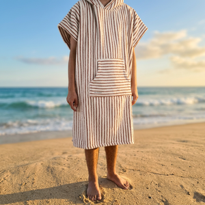 Poncho de plage à capuche en tissu éponge rayé en coton écologique pour adulte, serviette de bain rectangulaire tissée, robe de change - Product Image 3