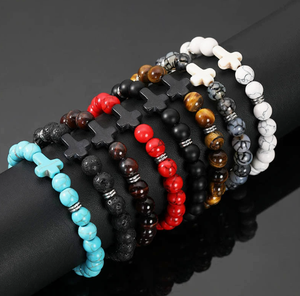Bracelet extensible pour homme, style mode, avec perles en œil <span class=keywords><strong>de</strong></span> tigre, <span class=keywords><strong>pierre</strong></span> <span class=keywords><strong>de</strong></span> <span class=keywords><strong>lave</strong></span>, <span class=keywords><strong>pierre</strong></span> précieuse et turquoise, croix, pour <span class=keywords><strong>la</strong></span> guérison par les cristaux, thème chrétien - Product Image 2