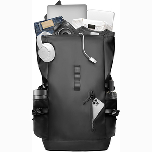 Free Sample Factory Made Black <b>Recycled</b> Rpet Roll Top <b>Backpack</b> Fashion Roll up Travel <b>Backpack</b> Daypack - Product Image 1