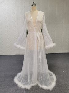 ثوب الملكات أثواب الزفاف بأكمام طويلة مع الريش فساتين نوم ليلية مثيرة للزفاف - Product Image 2