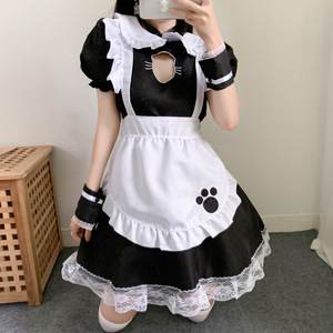 Cat-themed Maid Outfit Black White Apron Paw Print Lolita Cosplay Costume Anime Role Play Women's Dress Summer 2022 - Product Image 4