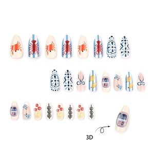 Faux ongles à presser bleus <span class=keywords><strong>et</strong></span> blancs à motif céramique 3D Baies Citron Cerise Tomate, finition douce, forme amande française, taille moyenne - Product Image 4
