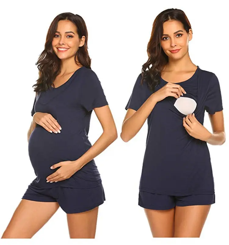 Leewa Maternity Nightdress 2 Pieces Soft Cotton Nursing Pajamas and Pants Maternity T-Shirts Adjustable Pajama Pants Pregnant Woman Set