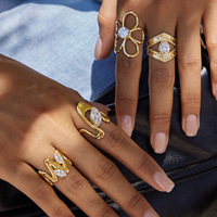 Bague Solitaire Ouverte en Acier Inoxydable Plaqué Or 18K, Lignes Minimalistes Modernes, Double Couche Creuse Géométrique, Grand Zircon