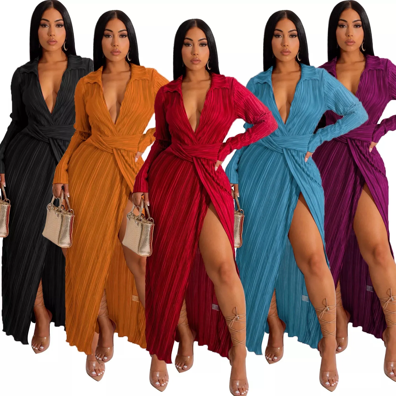 Fall Winter 2023 New Style Sexy V Neck Slit Maxi Dress For Women Fashion Pleated Long Sleeve Elegant Casual Party Dress