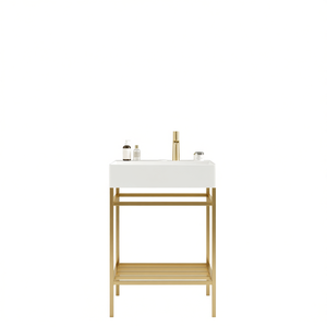 Bathroom <b>Vanity</b> 24 Inch Rectangular Ceramic Basin Freestanding Gold Metal Frame Open Storage Shelves Modern Design - Product Image 1