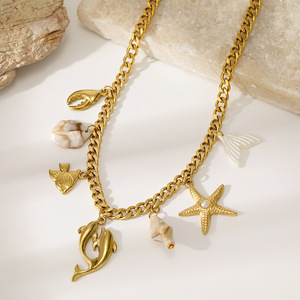 Collier en acier inoxydable à thème océanique avec étoile et coquillage, bijoux de plage pour femmes, collier avec pendentif en acier titane - Product Image 2