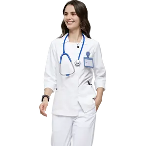 Uniformes de gommage d'infirmière médicale 3 poches pour le personnel hospitalier, vêtements hauts en coton imprimé noir, nouveaux modèles Offre Spéciale