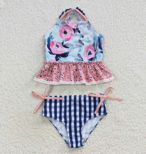 Maillot de bain deux pièces pour filles, style peplum à volants, imprimé floral rose et bleu - Product Image 4