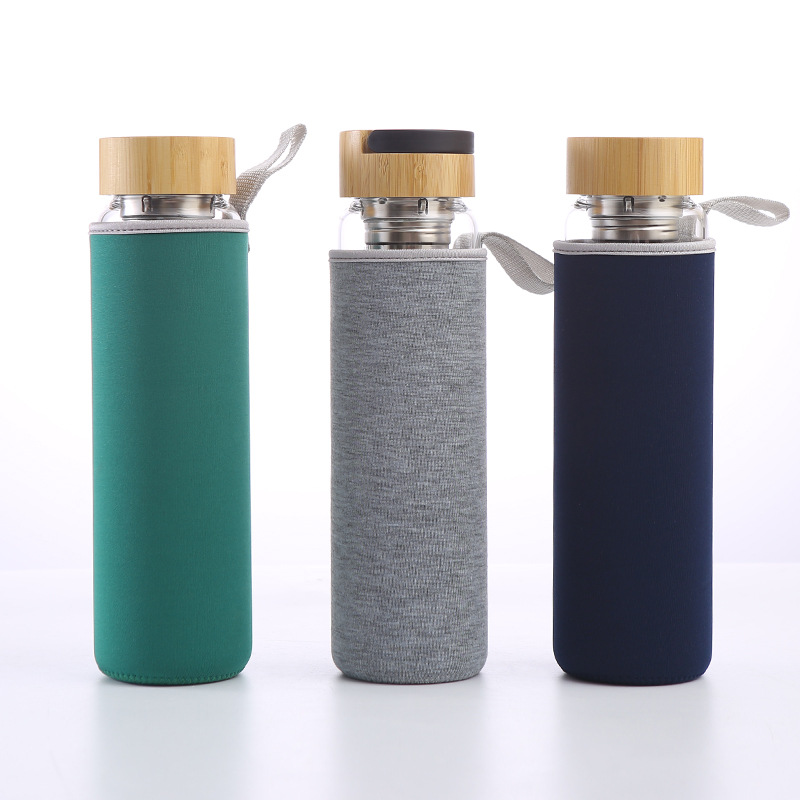 750~1000ml Bamboo wood cover high borosilicate single-layer glass with tea influser outdoor sports water bottle