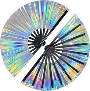 พัดไม้ไผ่สะท้อนแสงเลเซอร์สีรุ้งแฟนตาซี วัสดุใหม่ พร้อมภาพวาดศิลปะพื้นบ้านตกแต่ง สำหรับเทศกาลและโปรโมชั่น - Product Image 1