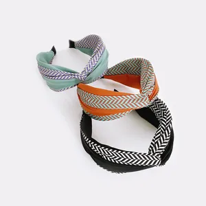 Retro color matching woman hair hoop Korean cross knot elastic hair accessories supplier wide-brimmed fabric headband