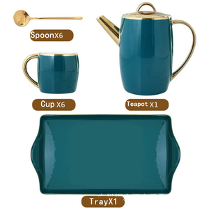 Nuovo arrivo set da tè in ceramica oro verde 8 pezzi con vassoio sei tazze in <span class=keywords><strong>porcellana</strong></span> piattino teiera per regali per caffè - Product Image 2