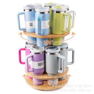 Bamboo <b>Rotating</b> Water Cup Holder Double Layer Insulated Tumbler Storage Rack <b>Desk</b> Organizer For Office Use - Product Image 1