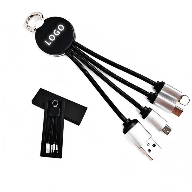 Customized Light LED LOGO 3-in-1 Key Chain Cable 8Pin/Type-C/Micro Connectors Fast Charging 2.1A Durable Mini Size 16cm PVC CE