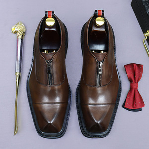 Zapatos de cuero con plataforma y cremallera de tacón alto, con tres uniones, cuero genuino, para uso formal de negocios, punta ancha, estilo retro, para hombre - Product Image 2