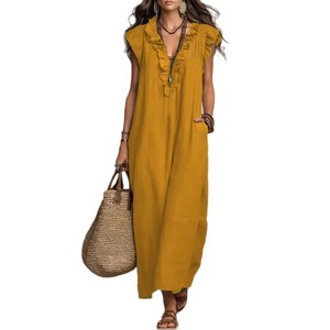 Vestidos de Fiesta de Verano con Cuello en V y Volantes, Elegantes Vestidos Largos Bohemios con Mangas, Vestidos Maxi Casuales con Bolsillos para Mujer - Product Image 2