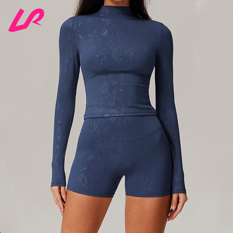 Wholesale Nylon Fitness Four Way Stretch Yoga Top Running Breathable High Neck Printing Slim Fit Gym Wear Long Sleeve Shirts