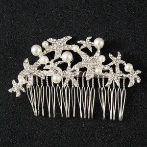 TS087 peigne à cheveux étoile de mer en argent, strass transparent et perle peigne à cheveux de mariée accessoires pour cheveux de mariage